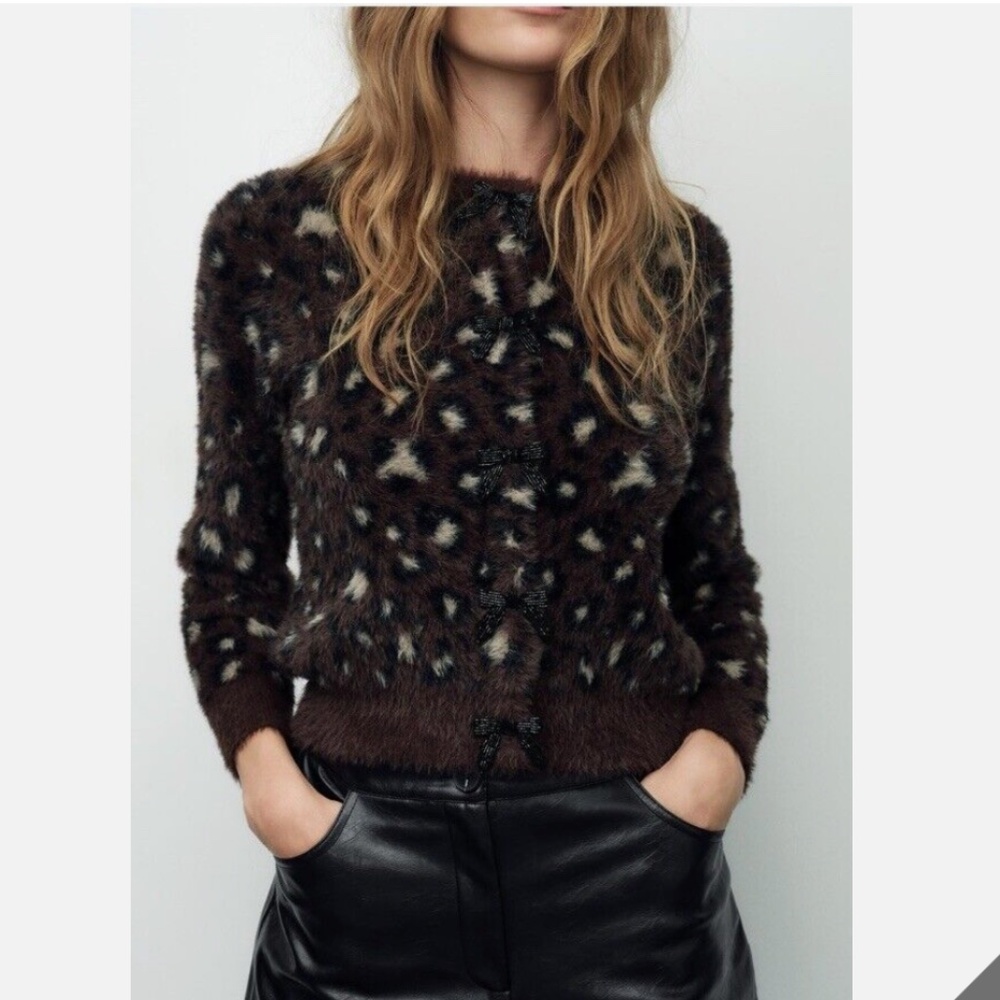 ZARA LEOPARD PRINT FAUX FUR JACQUARD KNIT CARDIGAN With BOW DETAILS NWT - Picture 8 of 13